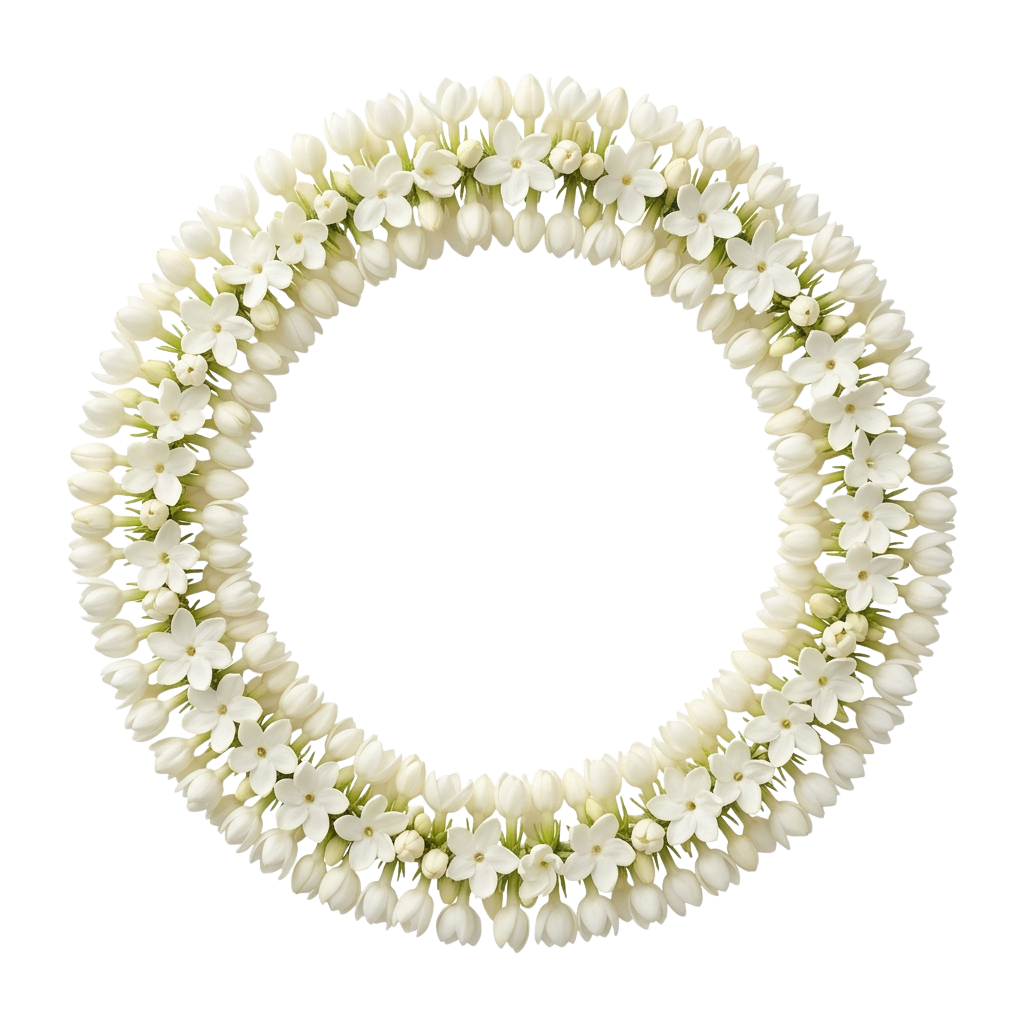 A circular wreath made of small white flowers against a black background