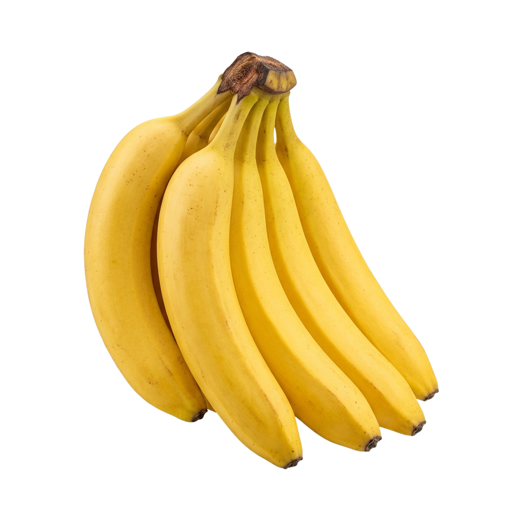 A bunch of four ripe, yellow bananas with a brown stem against a black background