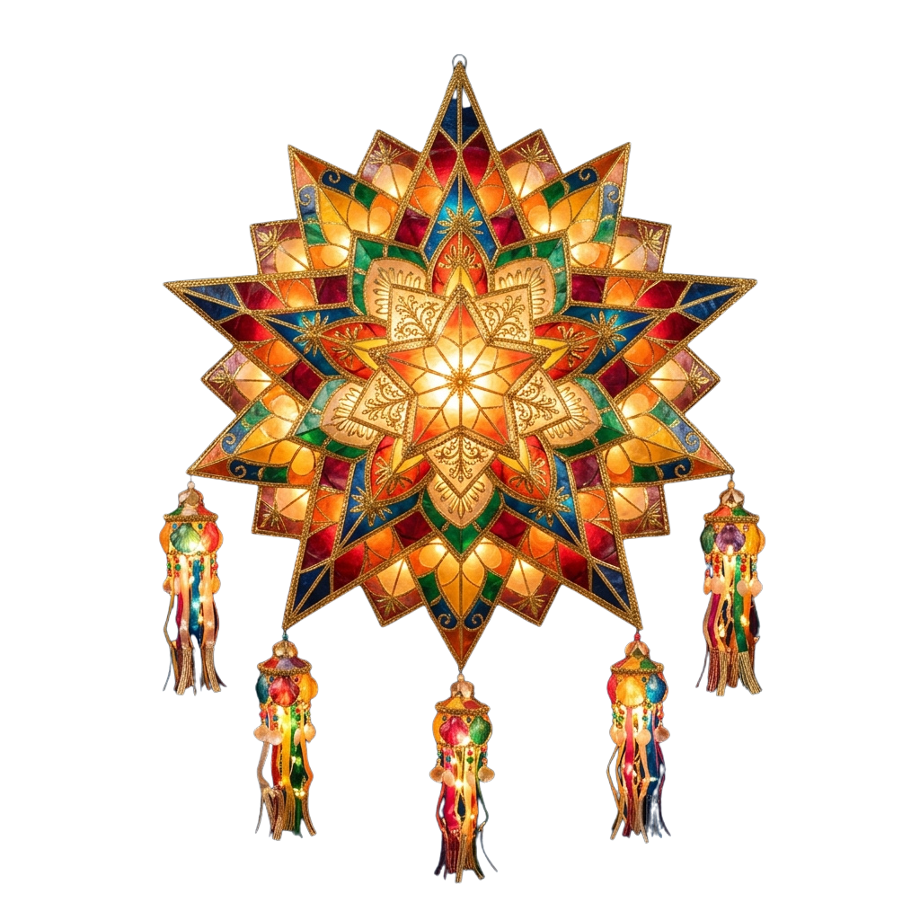 A vibrant star-shaped wall decoration with intricate patterns and glowing center, hanging with five colorful tassel lanterns