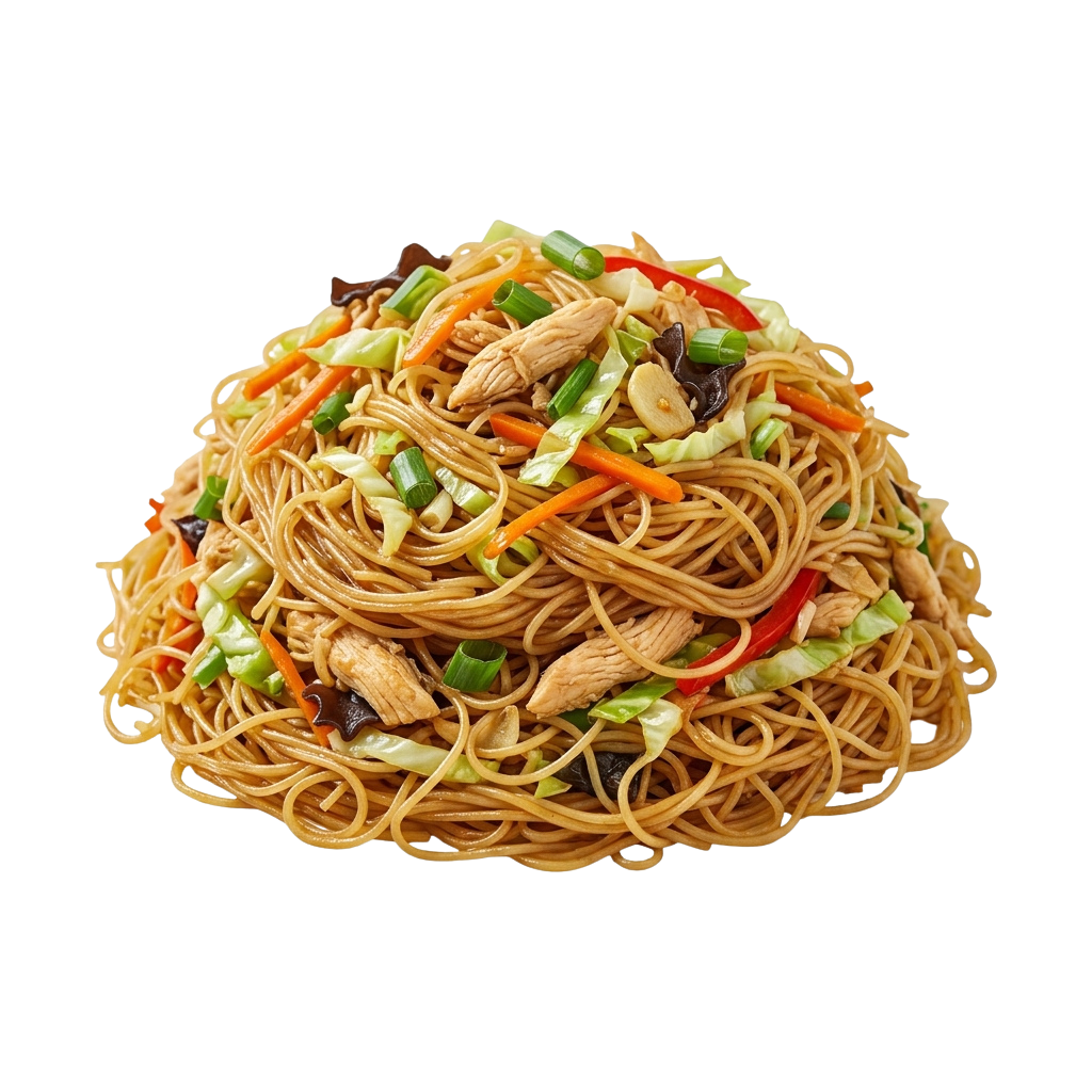 A plate of stir-fried noodles with chicken, carrots, green onions, peanuts, and red peppers