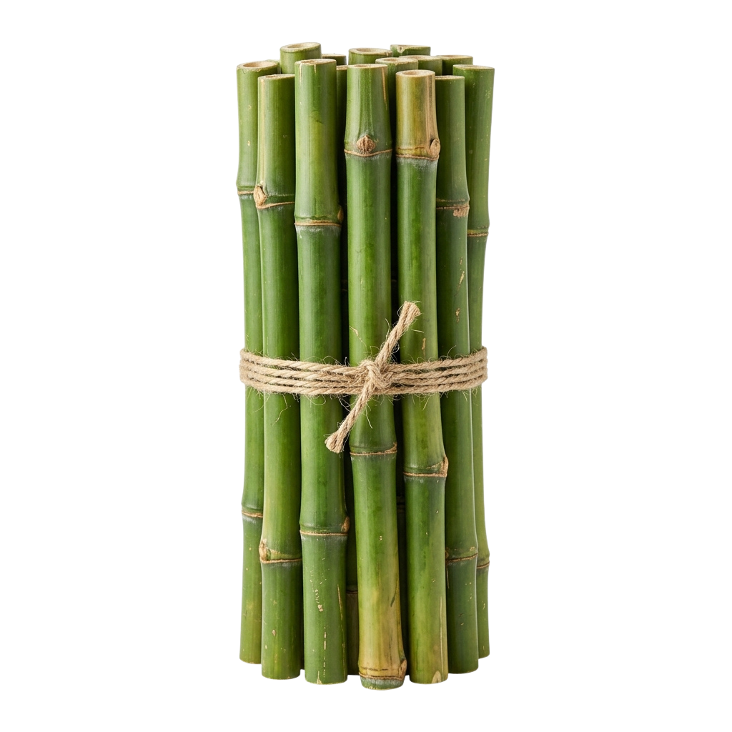 A bundle of green bamboo sticks tied together with natural twine.