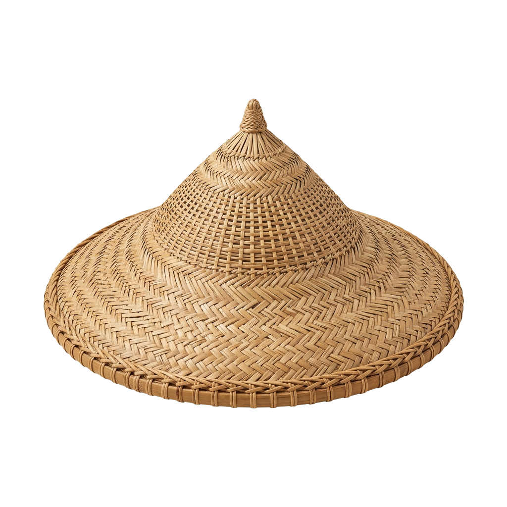 A conical woven straw hat with intricate braided patterns and a pointed top