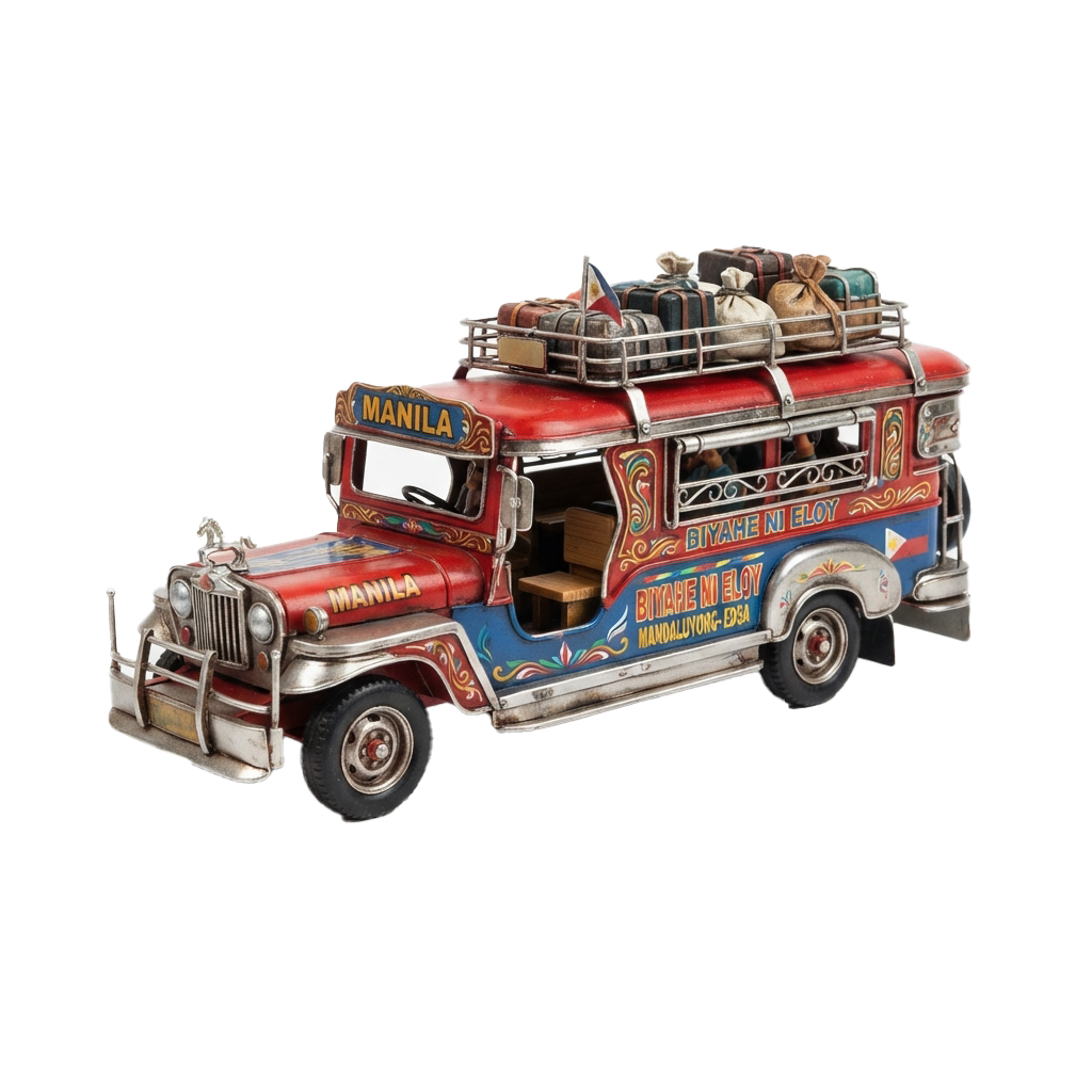 Toy model of a vibrant, decorated jeepney with Manila branding and luggage on roof