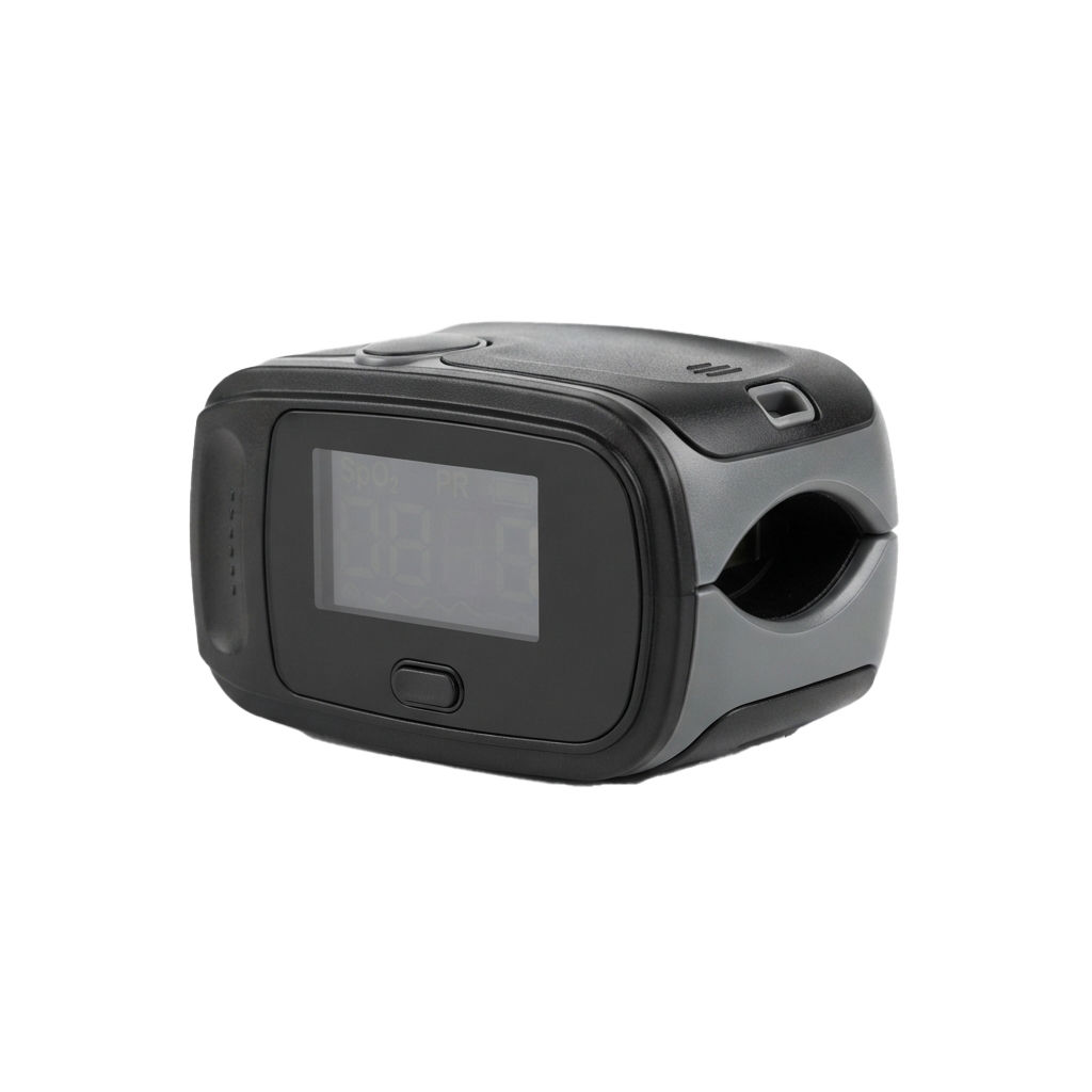 Compact black and grey digital pulse monitor with a small screen showing heart rate