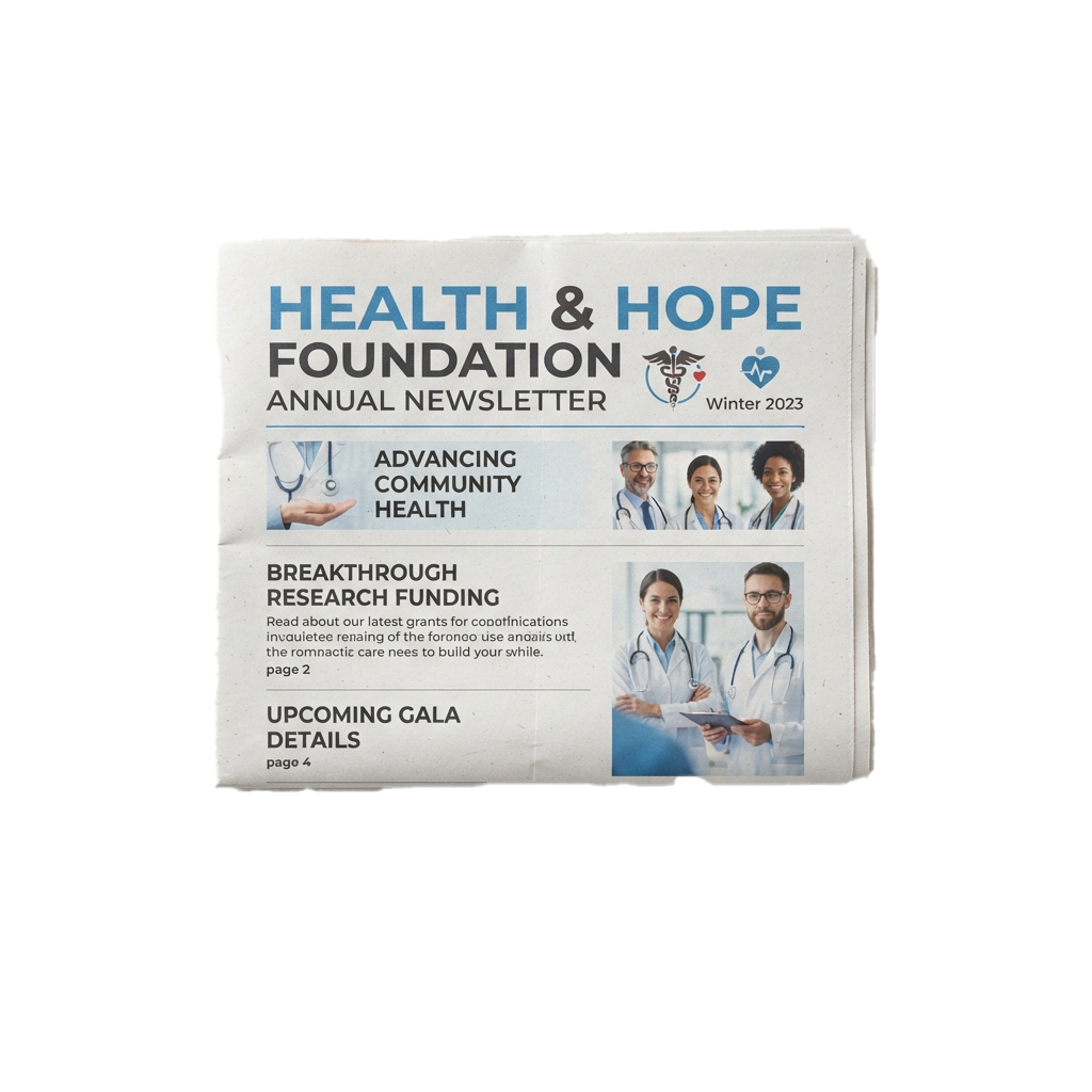 Health and Hope Foundation Winter 2023 newsletter cover showing healthcare professionals and key topics
