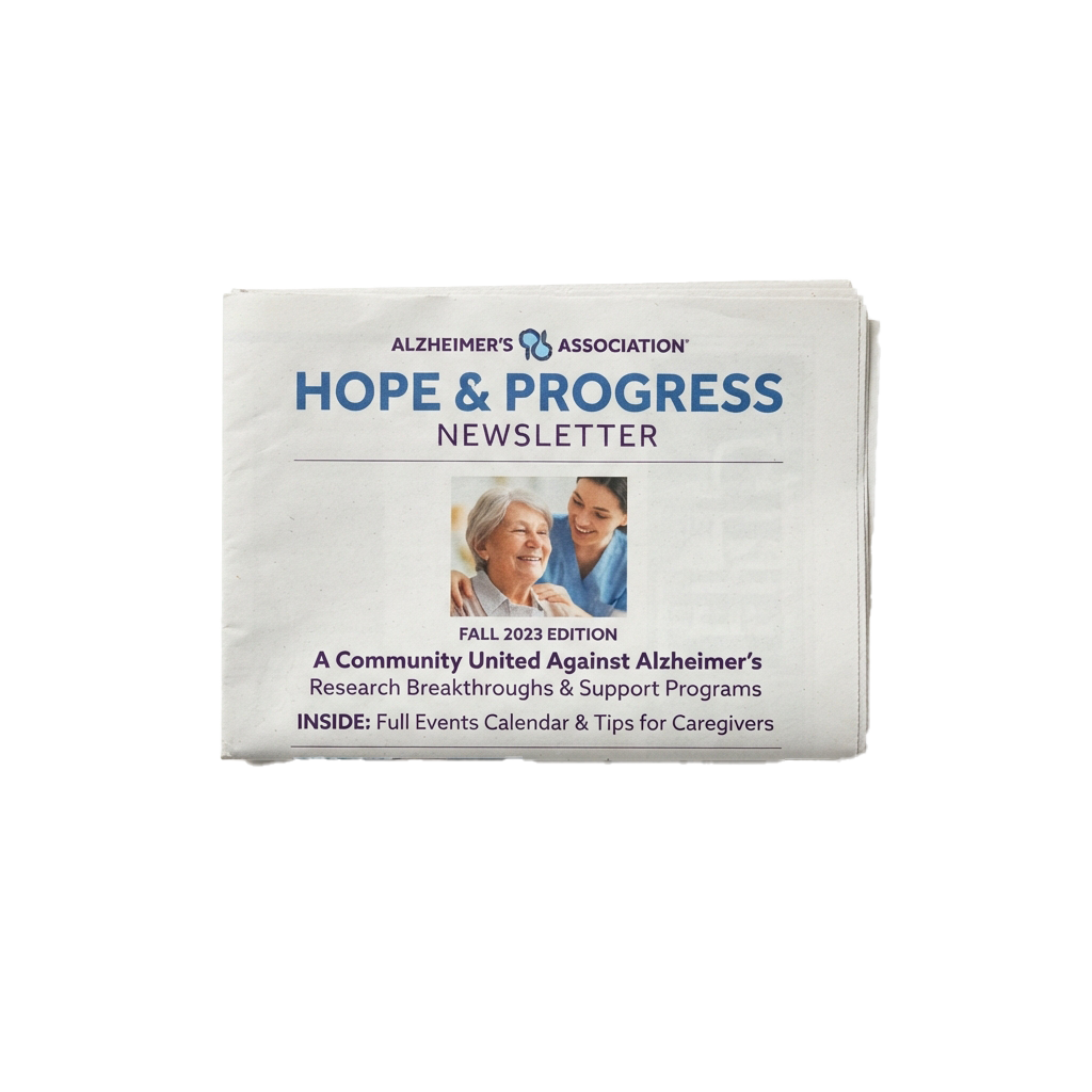 Newsletter cover titled Hope and Progress from Alzheimer's Association Fall 2023 edition featuring a smiling elderly woman and caregiver