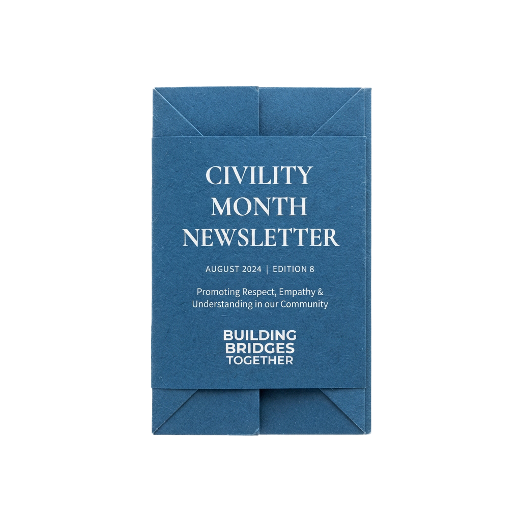 A folded blue newsletter cover titled Civility Month Newsletter August 2024 Edition 8 with tagline Building Bridges Together