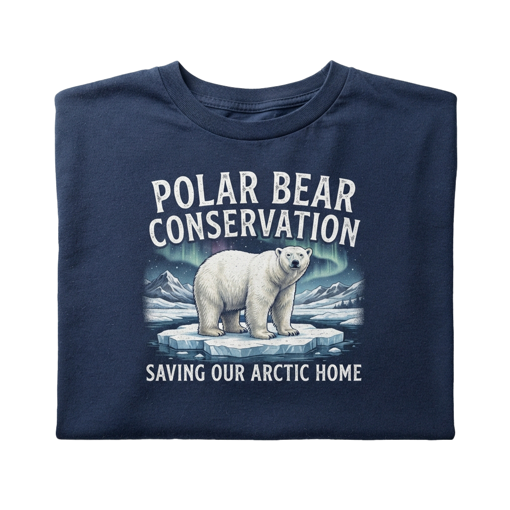 Dark t-shirt featuring a polar bear standing on ice with text about polar bear conservation and Arctic home preservation