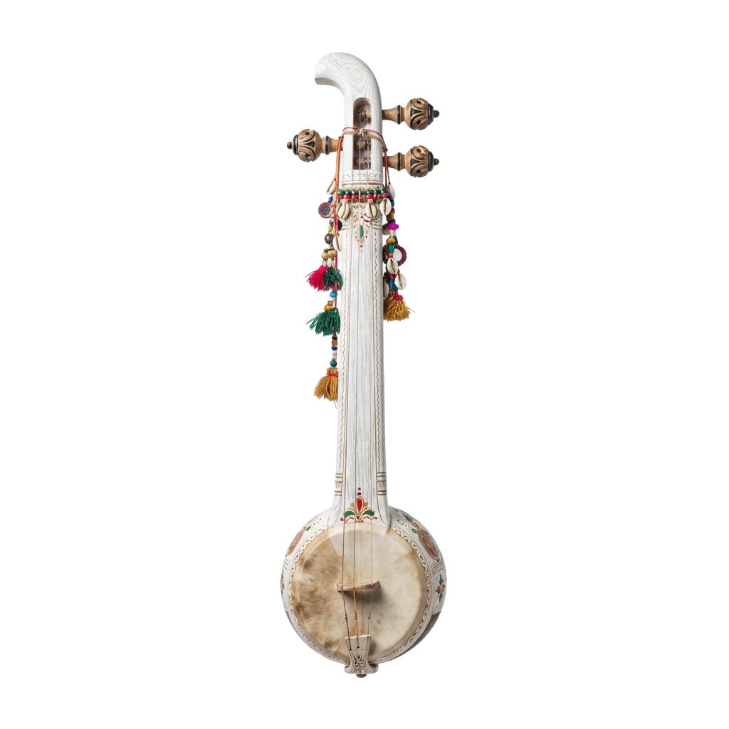 A traditional stringed instrument with ornate carvings and colorful tassels hanging from the neck
