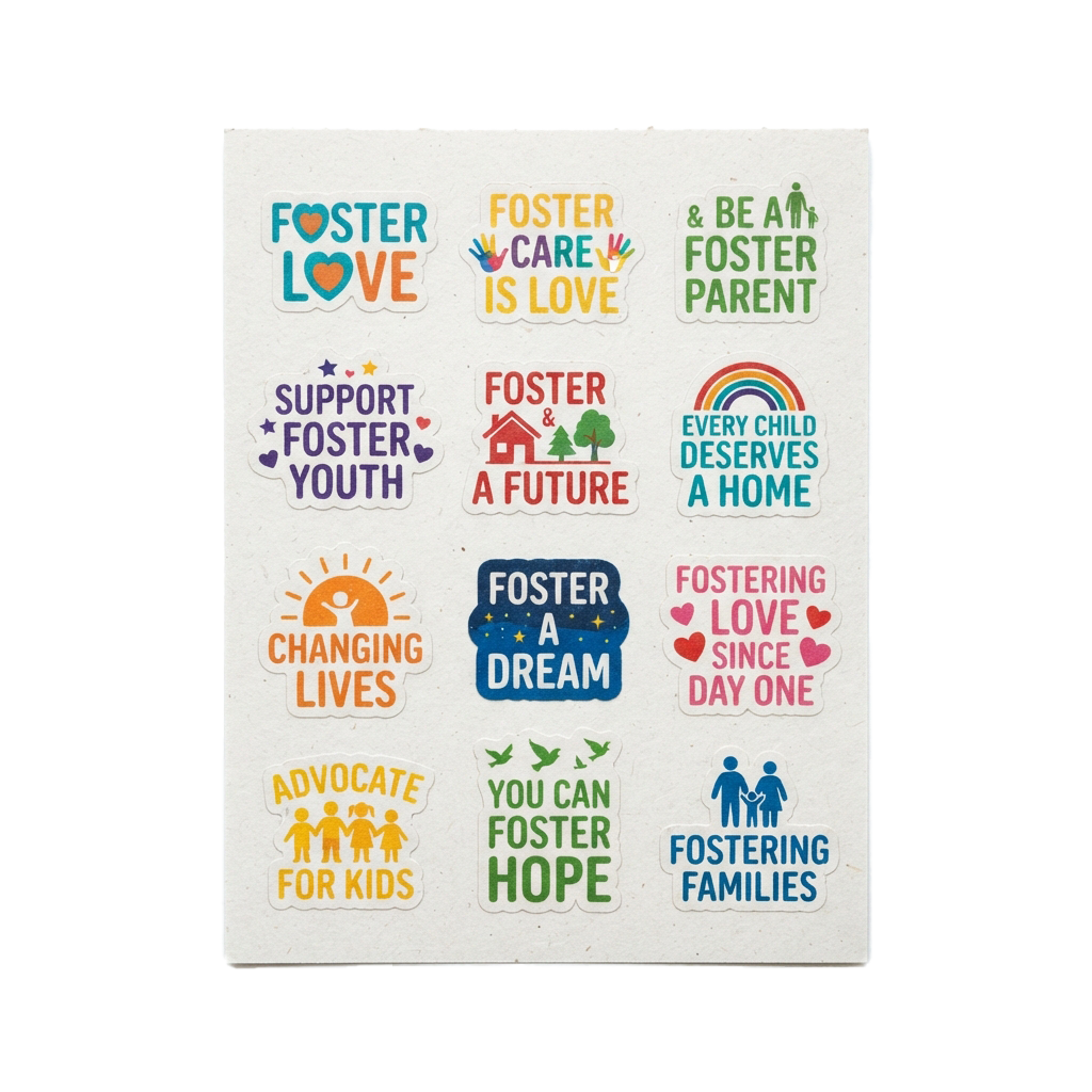 Twelve colorful stickers promoting foster care messages and support for foster youth and families