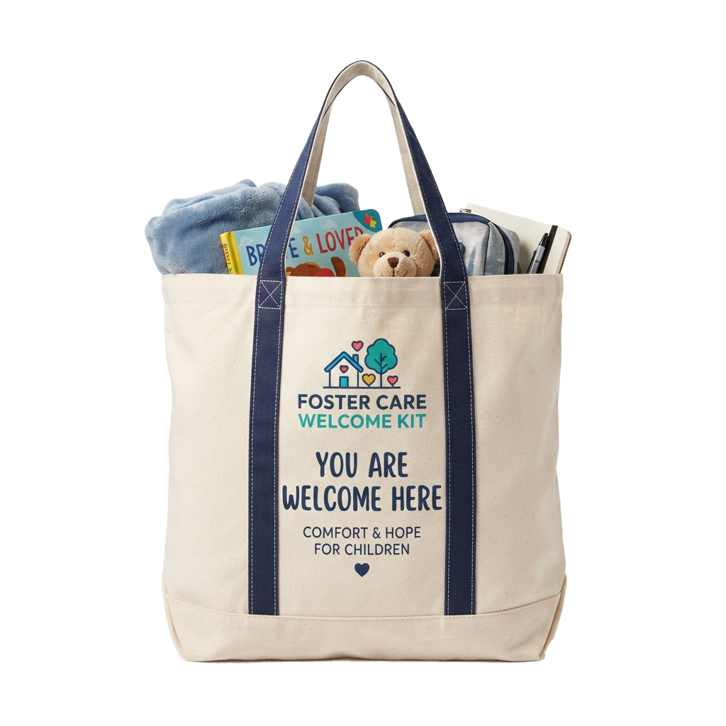 A tote bag labeled Foster Care Welcome Kit holding a stuffed teddy bear and a book, with a welcoming message for children