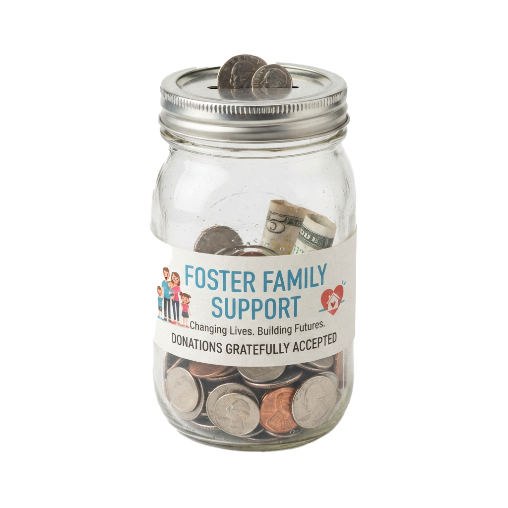 Glass donation jar labeled Foster Family Support filled with coins and a five-dollar bill