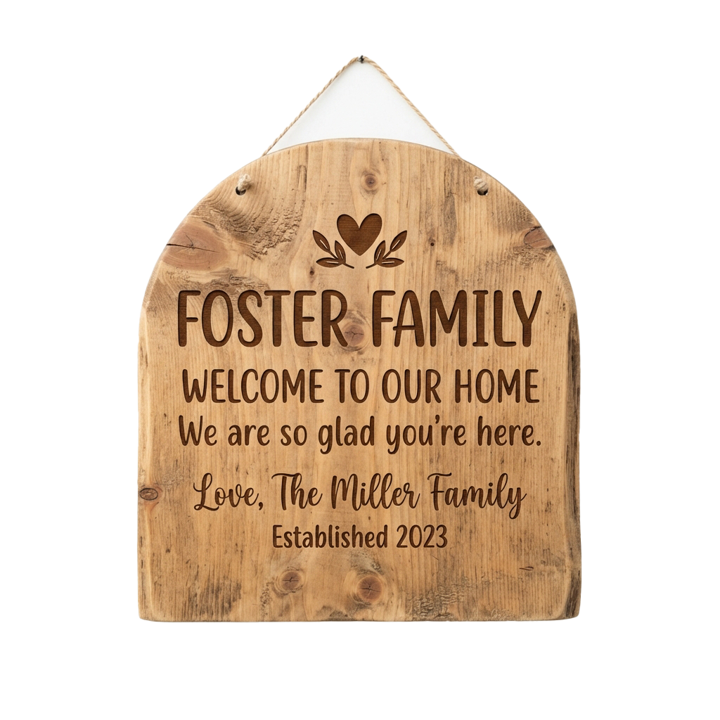 Wooden sign welcoming foster family with heart and leaf design, reading Foster Family Welcome to Our Home