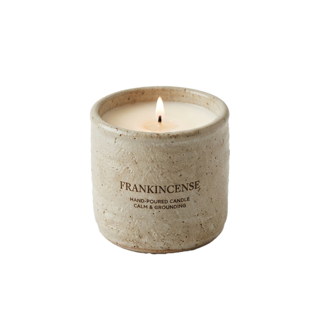 A lit hand-poured candle in a textured concrete jar labeled Frankincense, emitting a calm ambiance.