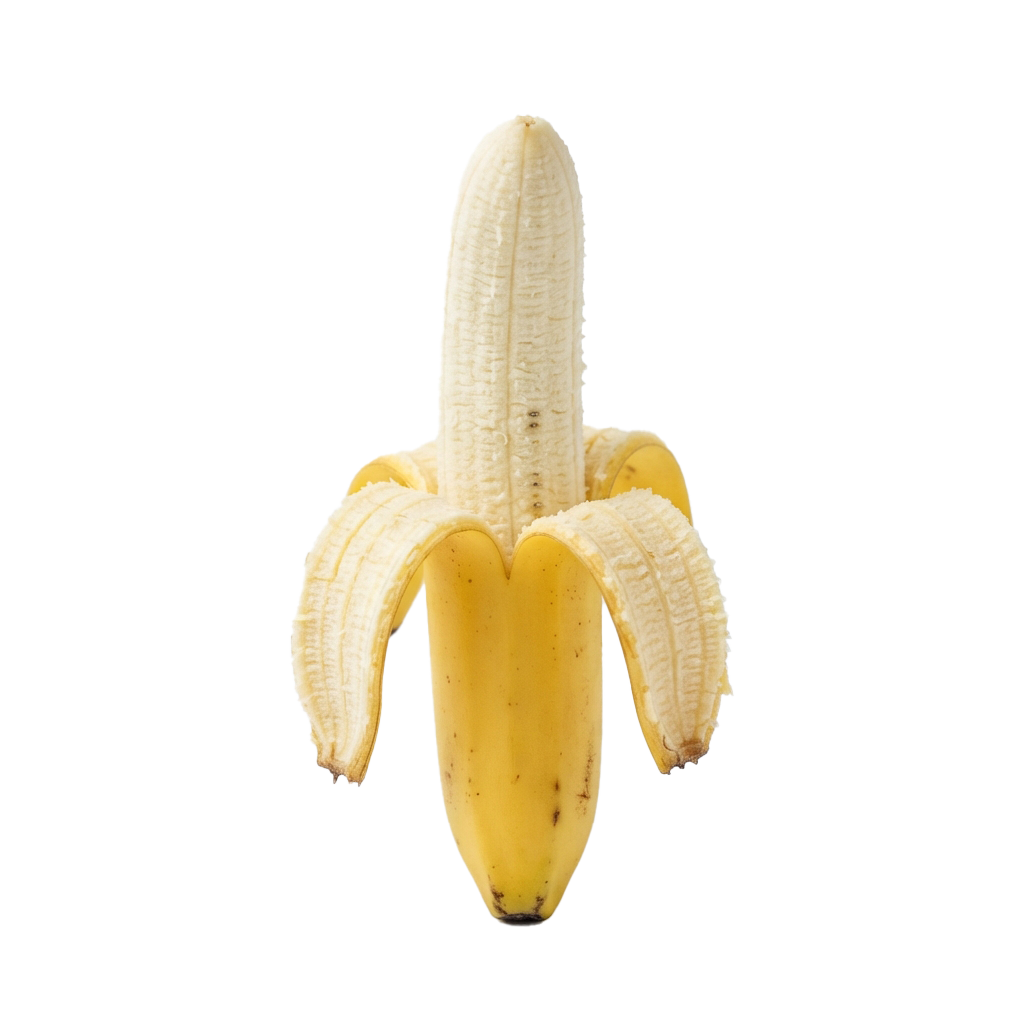 A ripe yellow banana with partially peeled skin against a black background