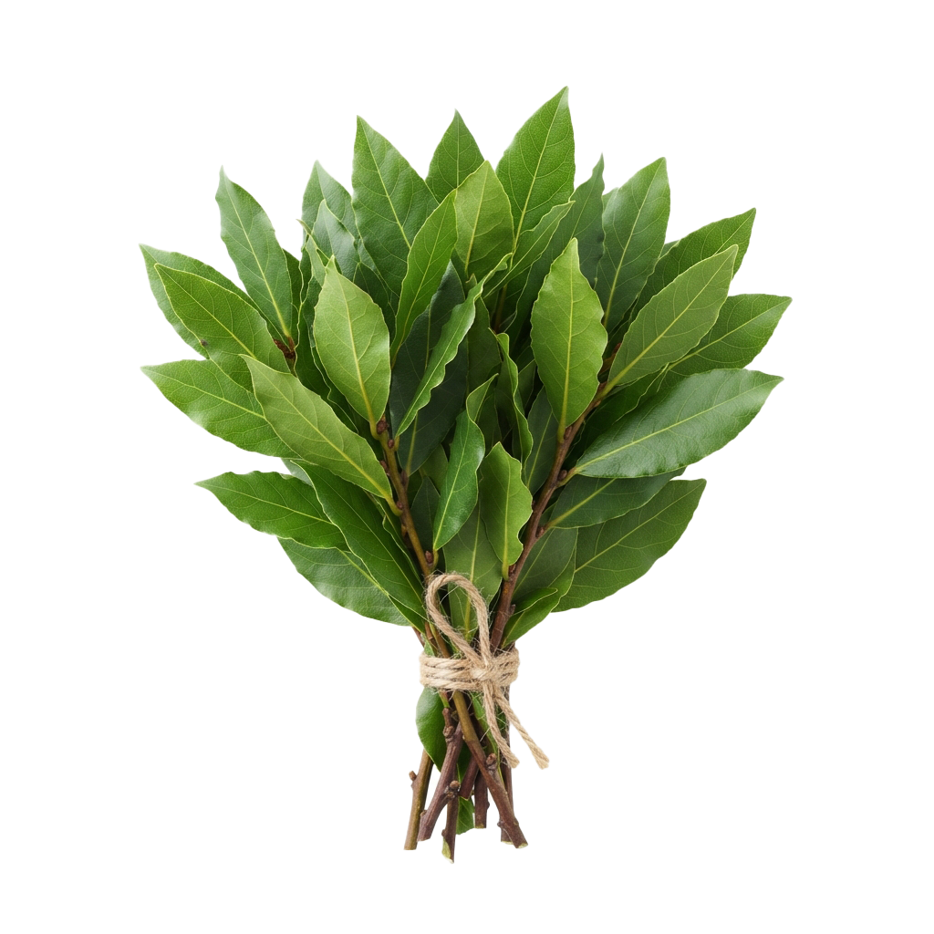 A bundle of fresh green bay laurel leaves tied with twine against a black background