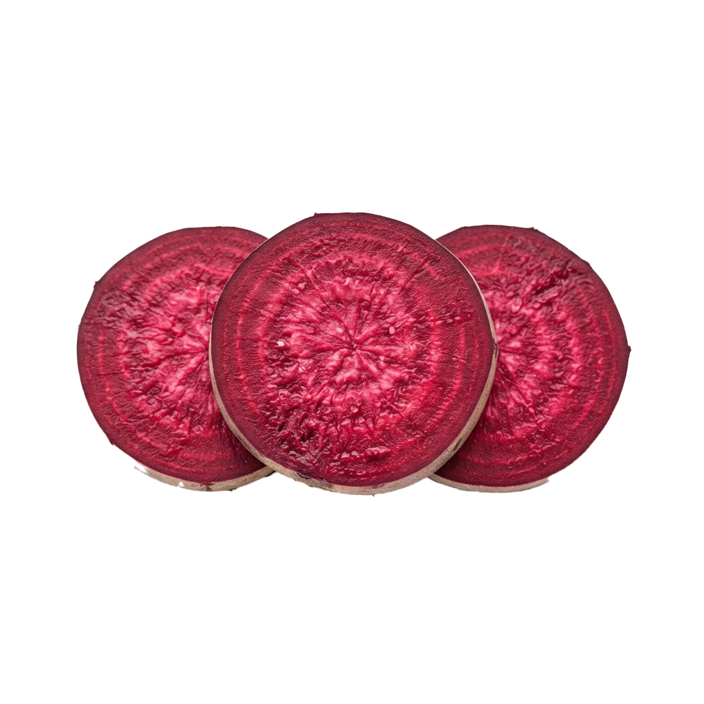 Three round slices of bright red beets displayed against a black background