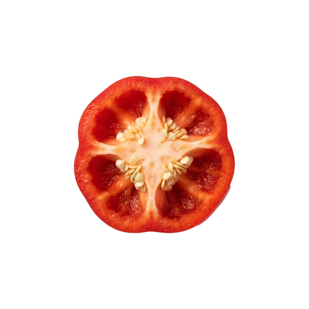 A cross-section of a ripe red tomato showing its inner cavity with seeds and gel-like center