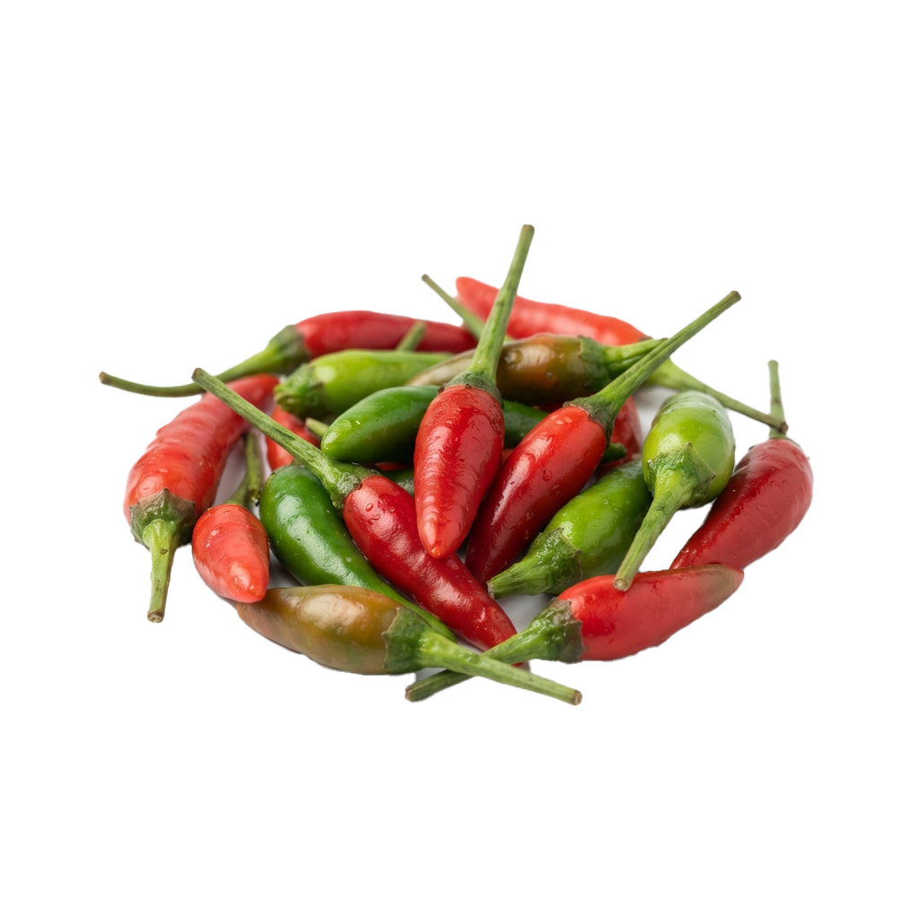 A cluster of fresh red and green chili peppers with green stems