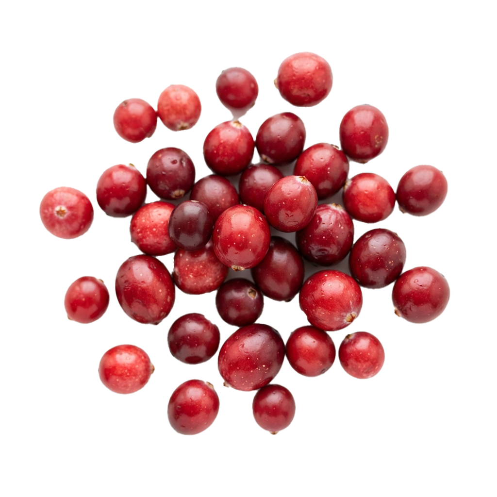 A cluster of small, round, red cranberries with a glossy texture against a black background