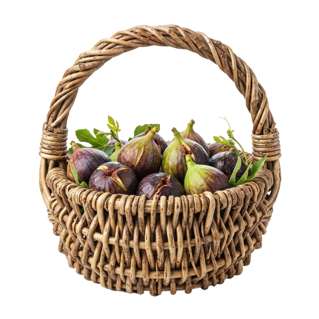 A woven basket filled with fresh purple and green figs with green leaves.