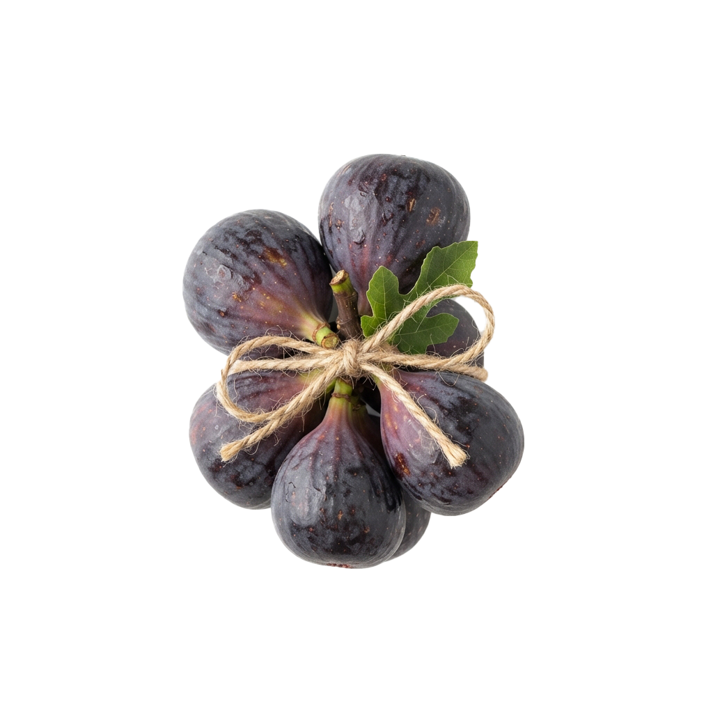 Five dark purple figs tied together with twine and a green leaf.