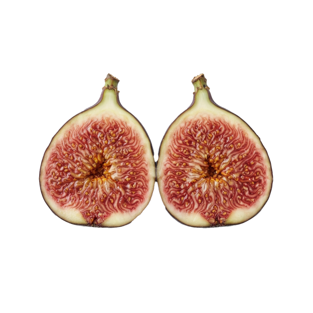 Two halves of a ripe fig revealing pinkish-red flesh and central seeds against a black background