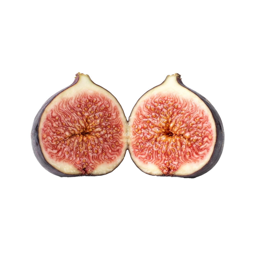Two halves of a ripe fig displaying pinkish-red flesh and central seed patterns.