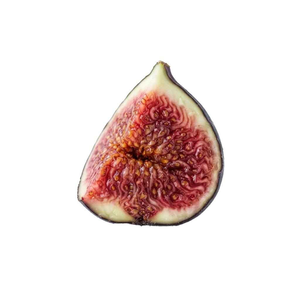 A close-up image of a halved fresh fig revealing its pinkish-red interior with small seeds.