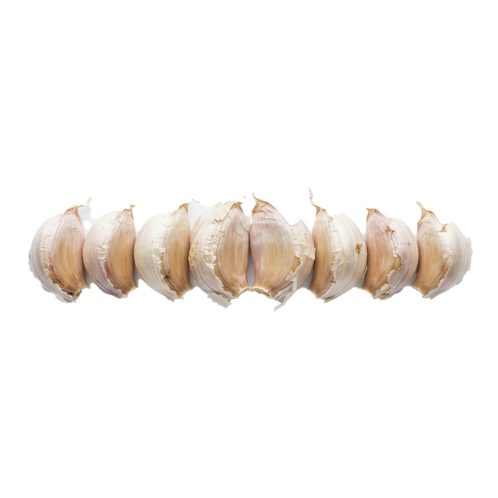 A bulb of fresh garlic with its cloves separated and visible against a black background