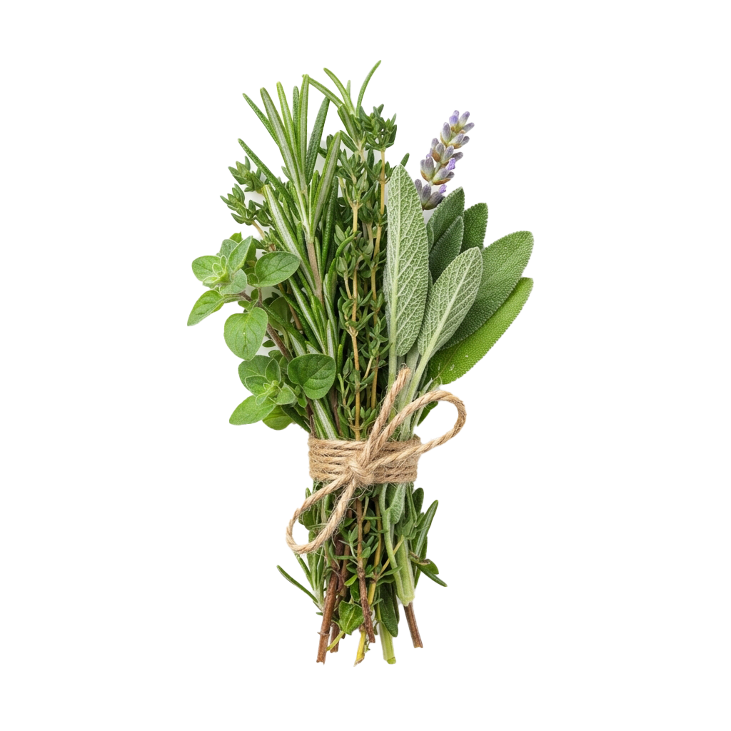 Bundle of fresh herbs including rosemary, sage, thyme, and lavender tied with twine