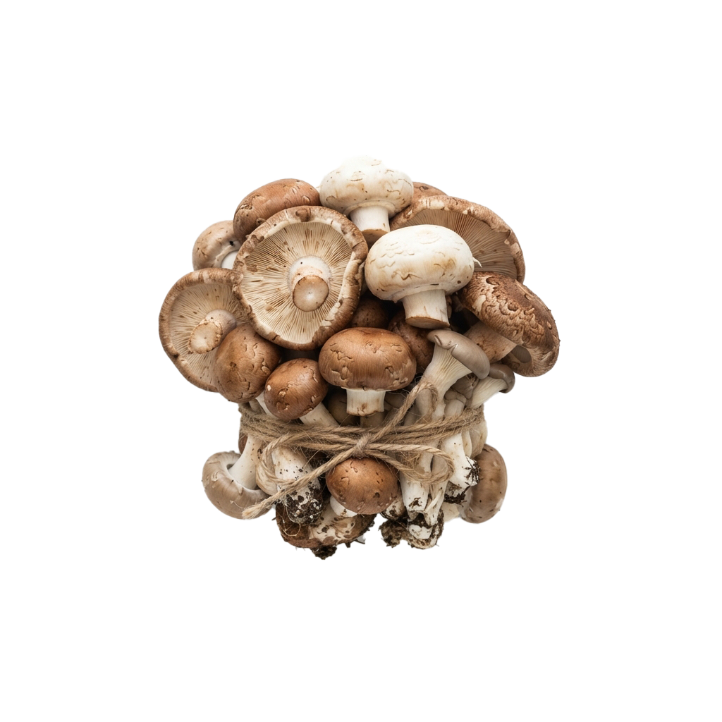 A bundle of fresh brown button mushrooms tied with twine against a black background