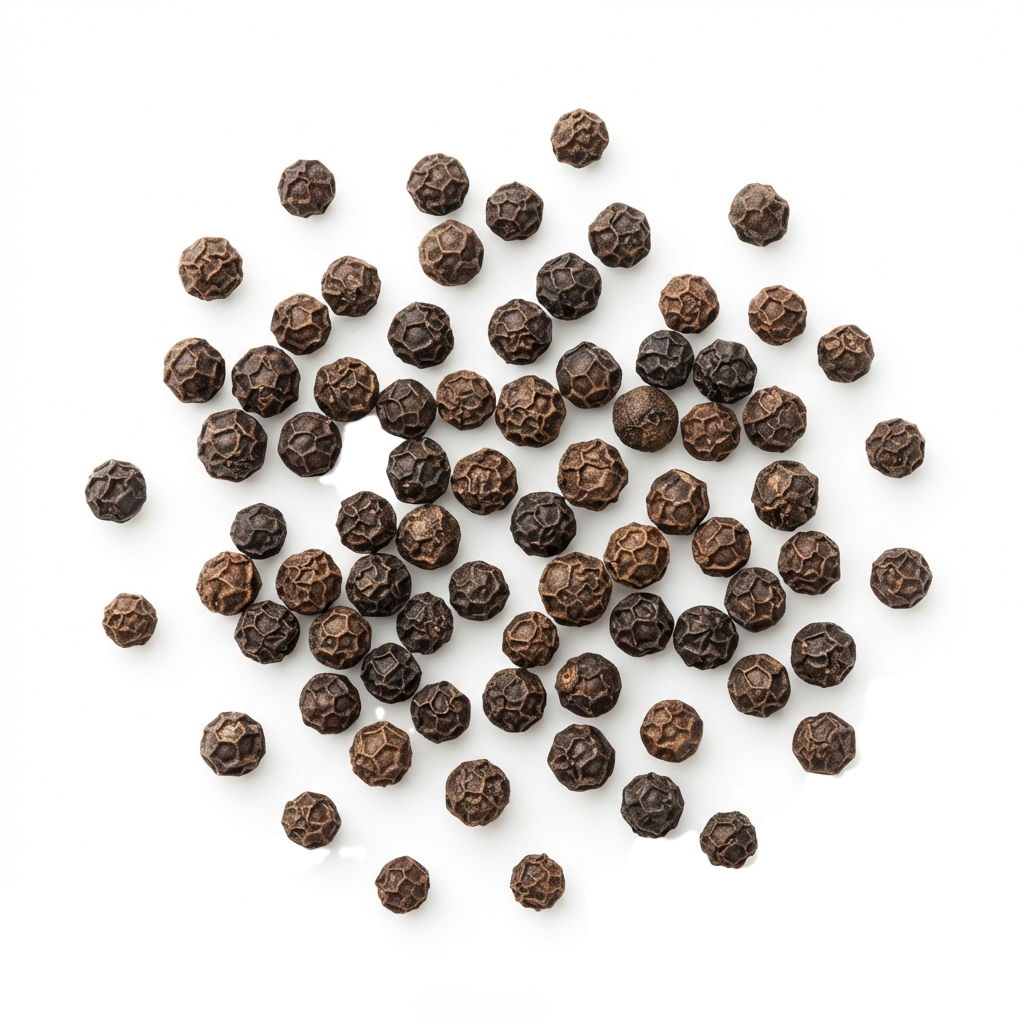 Scattered whole black peppercorns on a plain background