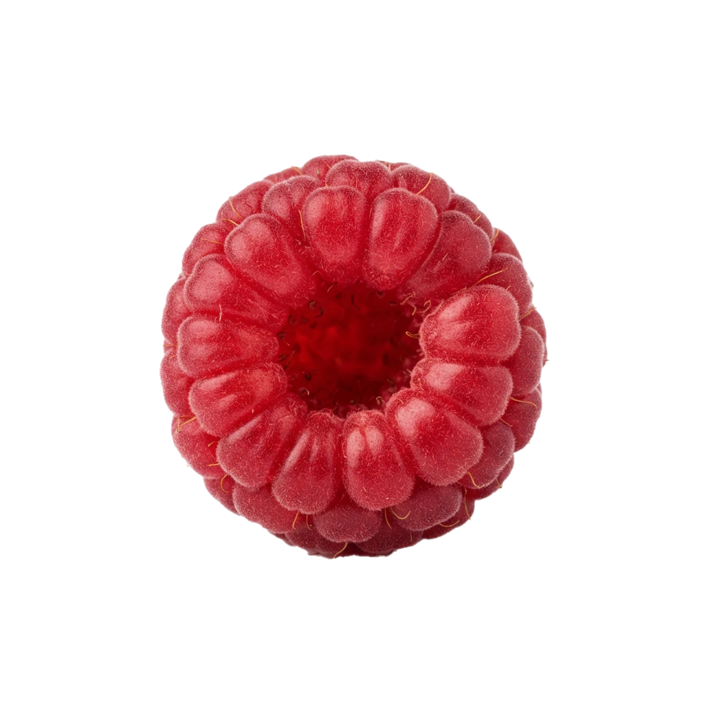 A close-up image of a single ripe red raspberry viewed from above
