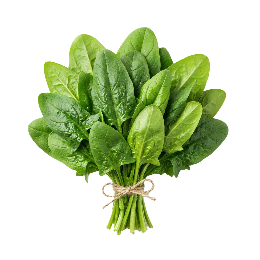 A bunch of fresh green spinach leaves tied with natural twine