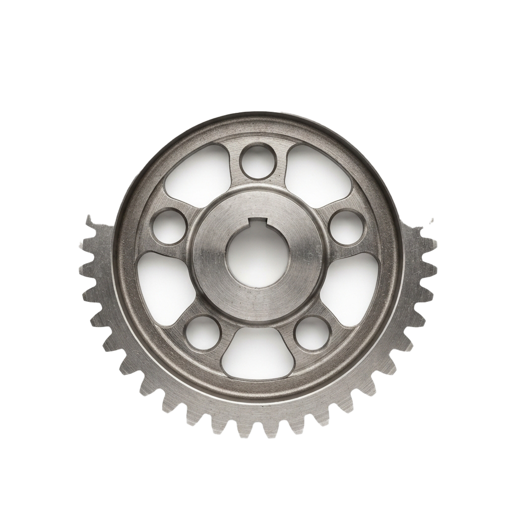 Close-up of a metal gear sprocket with evenly spaced teeth and circular holes in the center hub