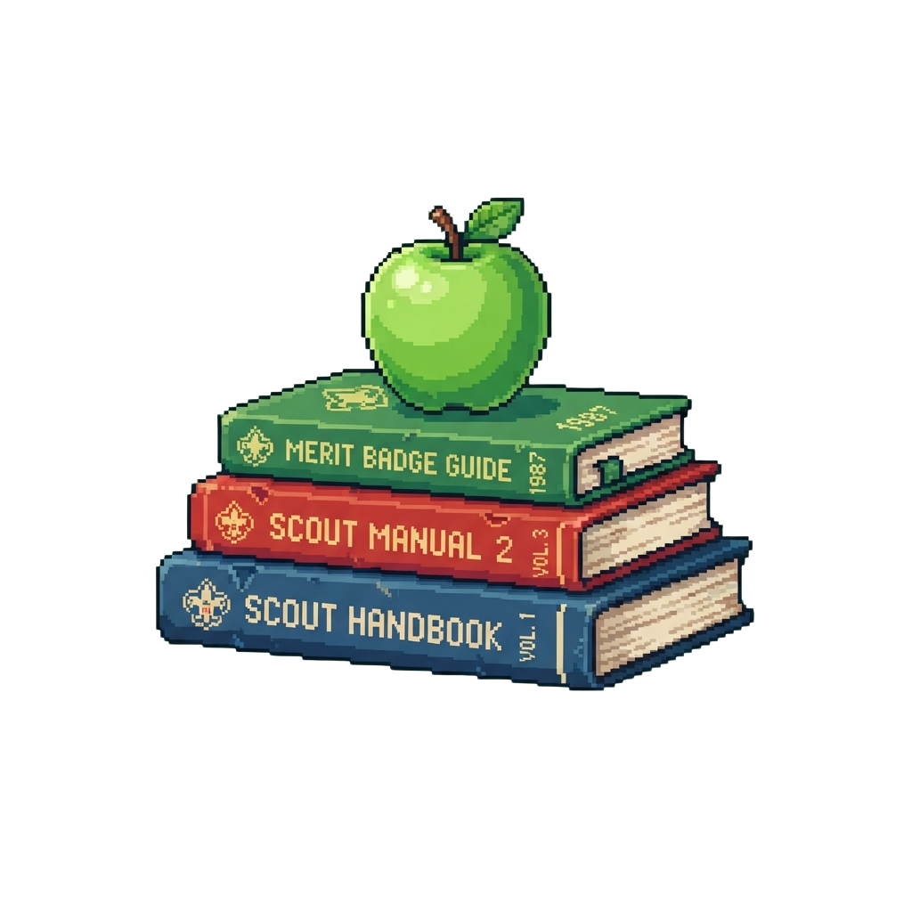 Pixel art image of three scout books stacked with an apple on top