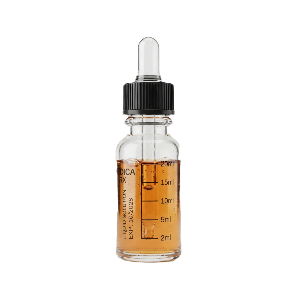 A clear glass dropper bottle containing amber liquid, labeled as liquid solution with an expiration date.
