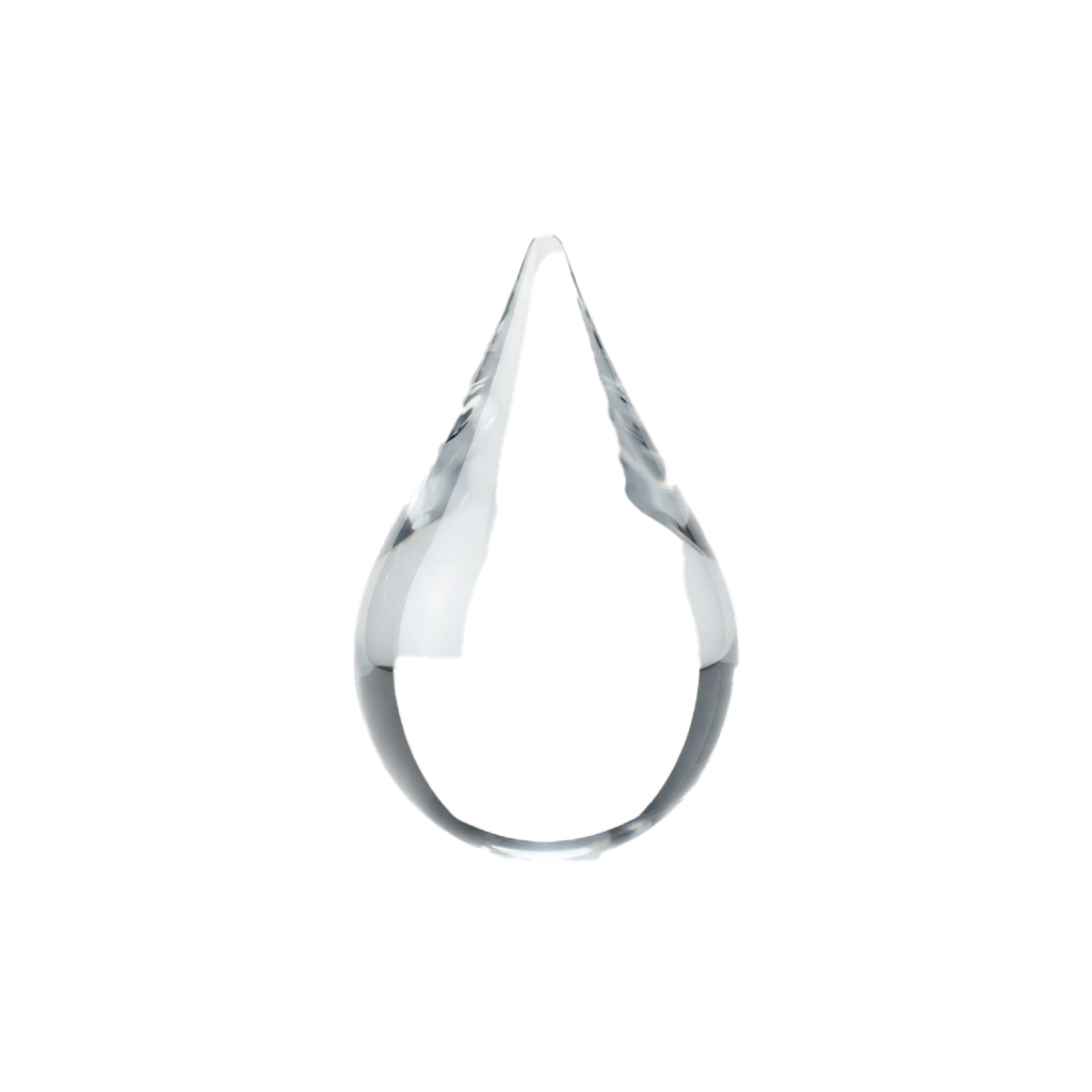 A white, abstract droplet shape with a circular base against a black background