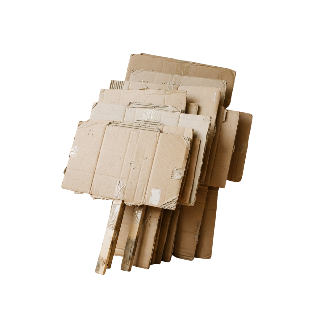 Stack of used brown cardboard boxes in various sizes with some tape residue visible