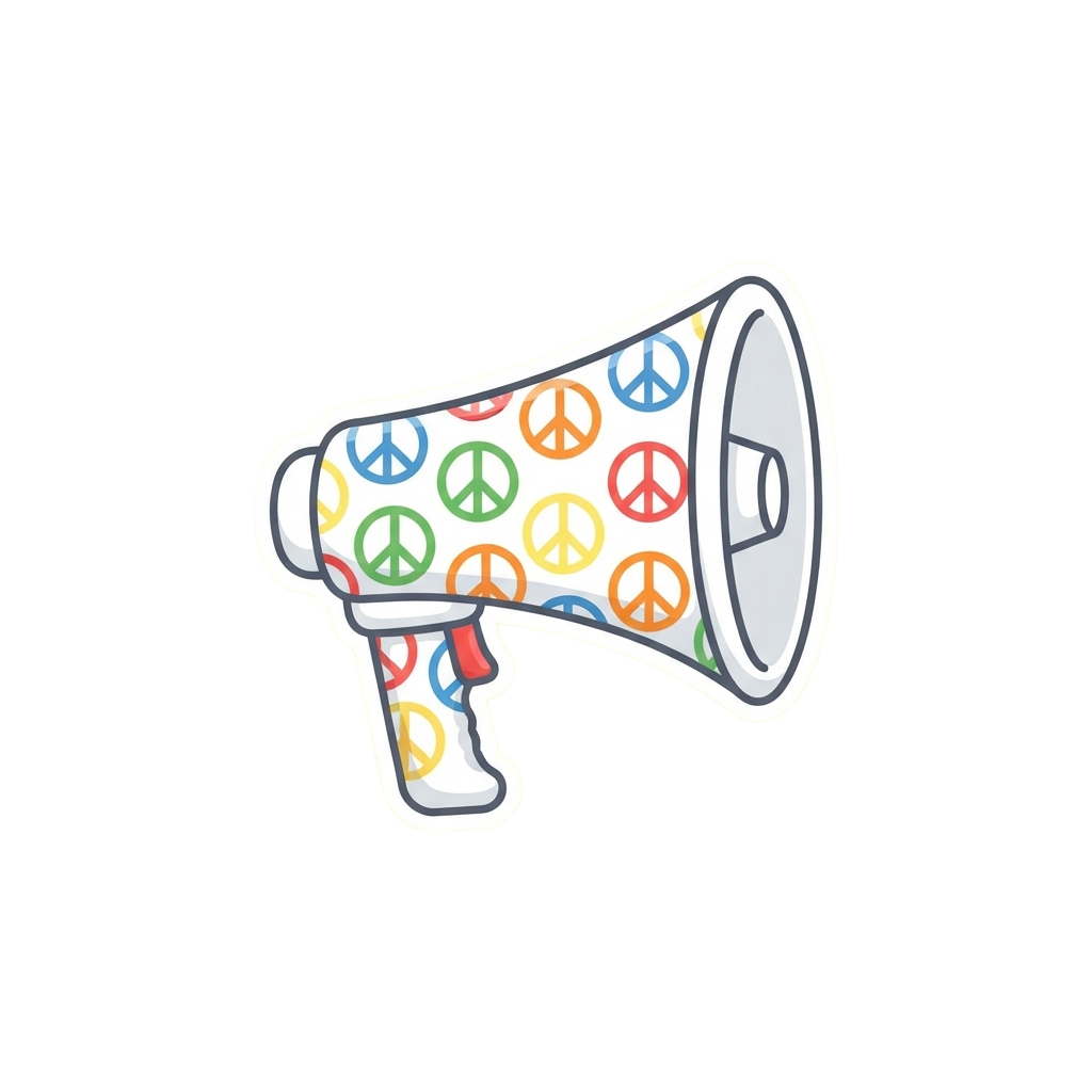 Megaphone with a pattern of colorful peace signs on a black background