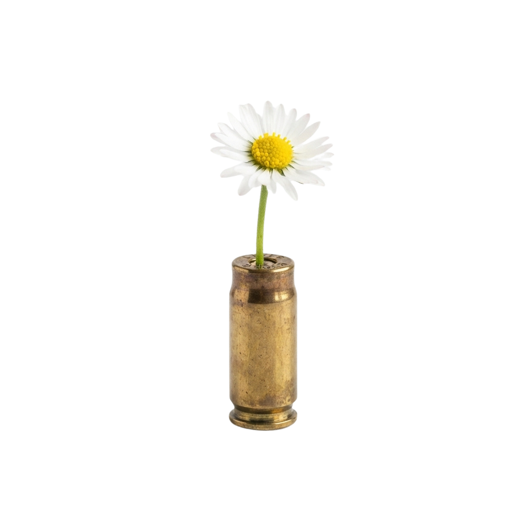 A white daisy flower in a small brass-colored bullet casing vase