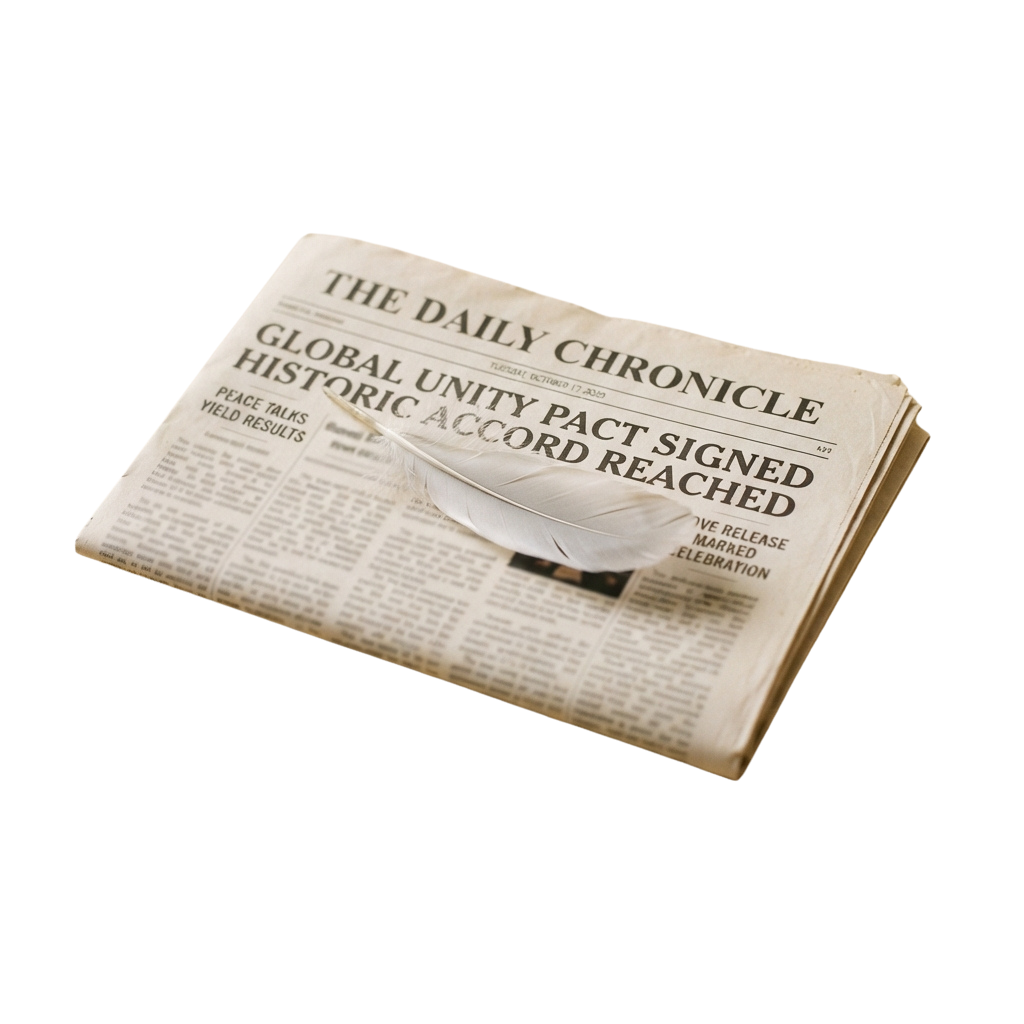 Newspaper headline reading Global Unity Pact signed historic accord reached with a white feather on top