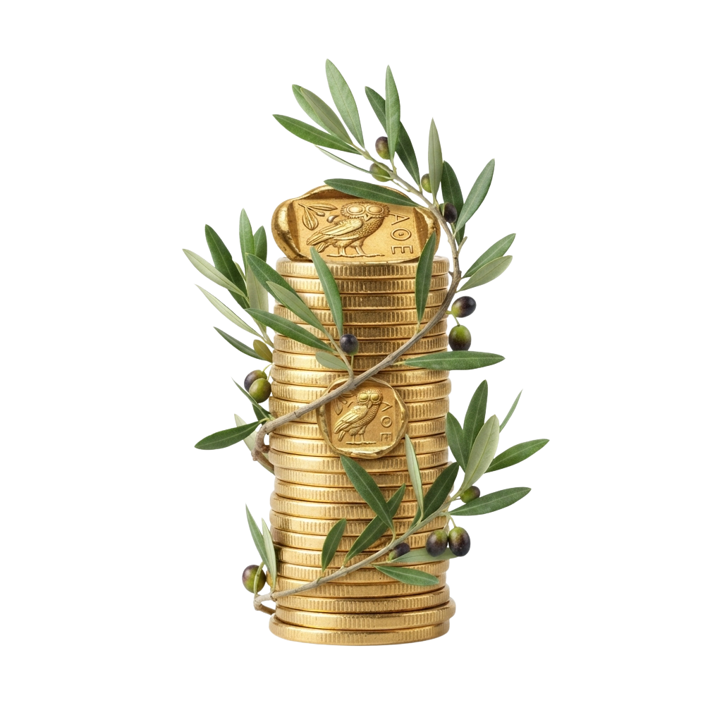 A stack of golden coins wrapped with olive branches and olives on a dark background