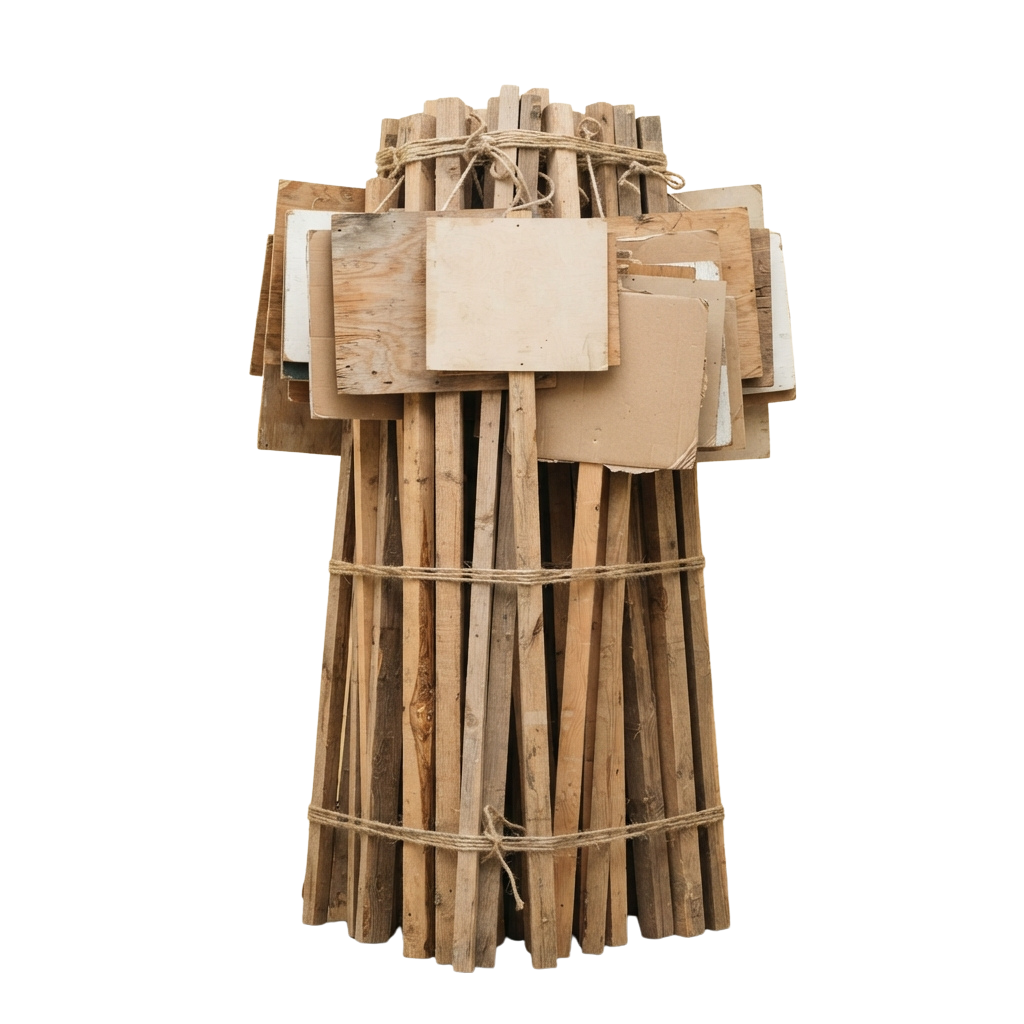 A bundle of wooden planks tied together with twine, forming a human-like shape