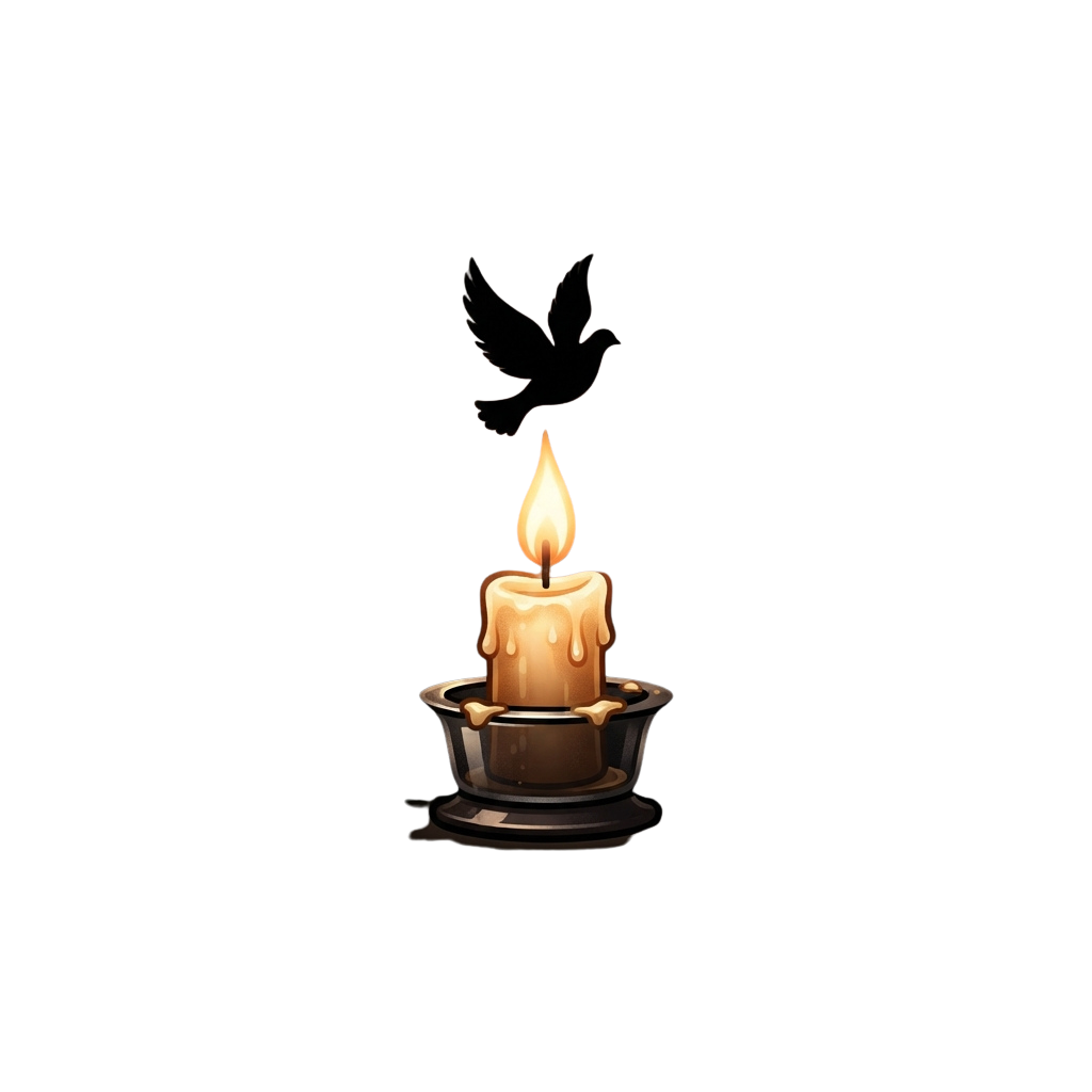 A single candle burning with smoke forming a dove shape above it against a dark background