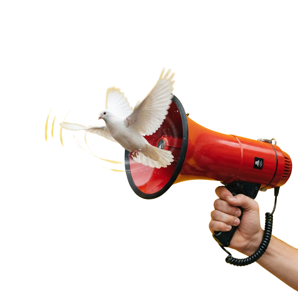 A hand holding a red megaphone with a white dove emerging from it against a black background.