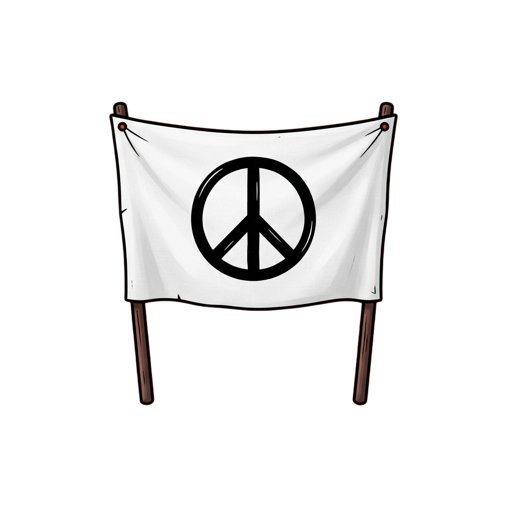 White flag with a black peace symbol displayed on two wooden poles against a black background