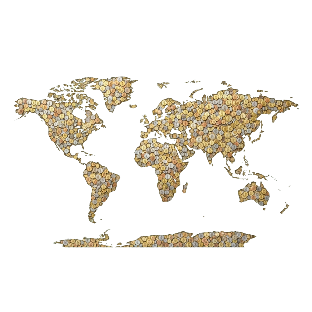 World map outline composed of small circular elements in gold and beige tones