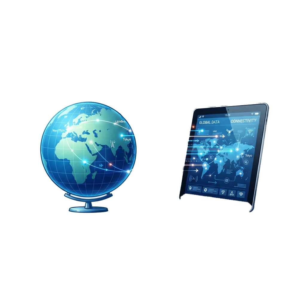 Illustration of a globe with data connections and a tablet displaying global connectivity icons
